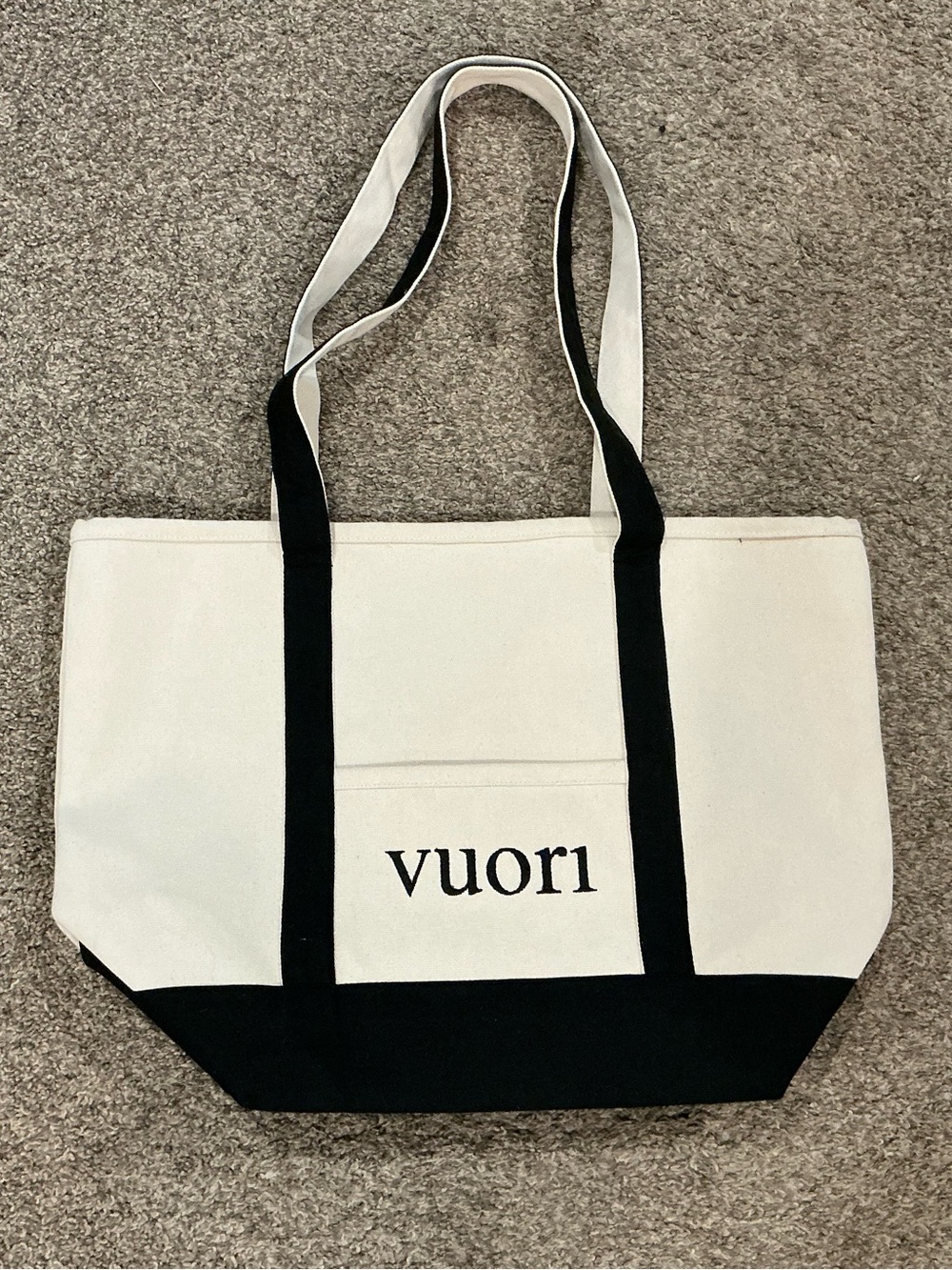 Vuori Cream and Black Canvas Tote with Front Pocket
